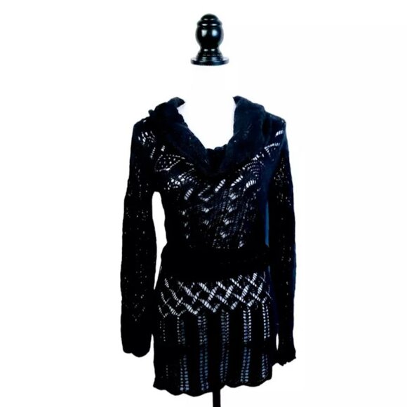 THEORY Tunic Sweater, Black Mohair Wool Soft Long Sleeve Eyelets Belted Velvet S - Picture 2 of 11